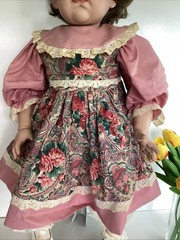 Vintage 28″ Porcelain Toddler Doll Brown Hair Eyes Pink Dress Floral Pinafore