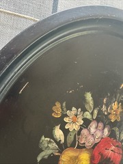 Antique Victorian Oval Black Tole Tray Hand Painted Floral Metal 24” Vtg Patina