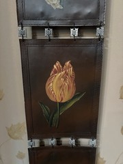 Vintage long 4 panel brown Leather Wall hanging hand painted tulips metal rods