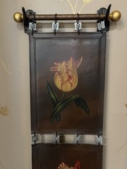 Vintage long 4 panel brown Leather Wall hanging hand painted tulips metal rods