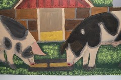 1989 Large Menno Shirk Folk Art Painting On Wood 12″ X 24″ Barn Pigs Signed B32