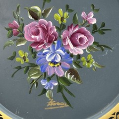 Vintage Nashco Products NY Hand Painted Floral Ornate Etching MetalTray (Signed)