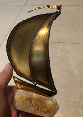 DeMott Brass Sailboat Sculpture Onyx Stone Base Signed