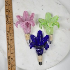 Vtg Murano 3pcs Crystal Flower Cork Stopper Pink Blue Green Hand Blown Art Glass