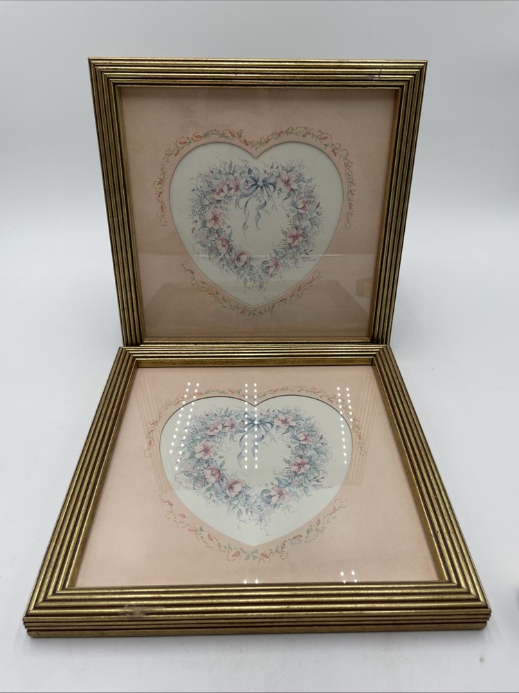 VTG Home Interiors Homco Pink Floral Heart Framed Wall Art Print Set of Two