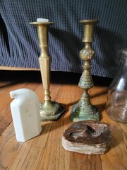 Group LOT ANTIQUES COLLECTIBLES BRASS Old Glass Bottles Adv. Mid-Century 1800’s