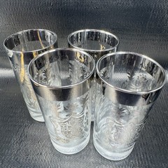 Vintage Kimiko Signed Silver Rimmed Knight Shield Highball Glasses Tumblers Set4
