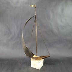 Vintage Brass Sailboat Sculpture 15 Inches Onyx Base Signed By Artist