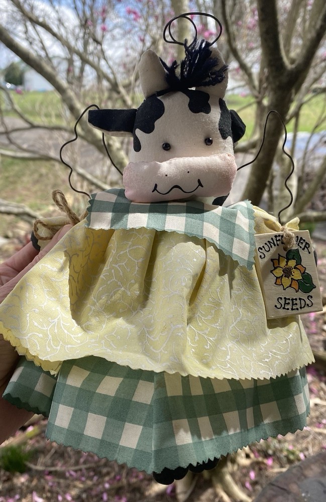 Vintage Cow Angel Hand Crafted Painted Country Farm Cloth Body 11” Gingham Skirt