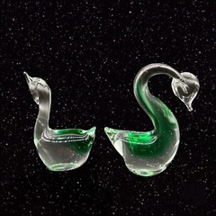 Vintage Vinci Green Hand Blown Art Glass Birds Sommerso Figurines 4”t 3”w