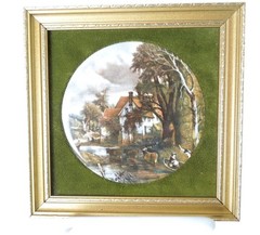 Vintage Healacraft England Framed Ceramic Landscape Plaque Velvet Decor 5″