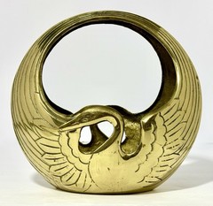 Vintage MCM Solid Brass Swan Planter Bowl Catchall with Handle ~Korea