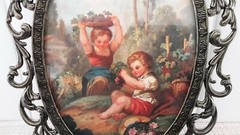 Vintage Made in Italy Kids Playing Print Oval Glass Ornate Metal Frame EUC