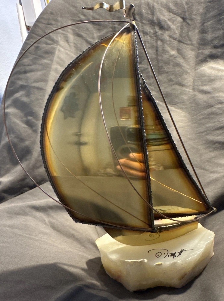 Vintage Mid Century Brass Sailing Yacht Mounted On Onyz Signed by Don DeMott