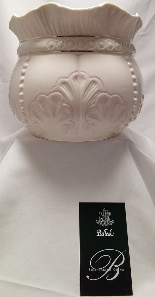 Belleek Fine Parian China Rosemore Planter, Pink Shells, Beads and Gild