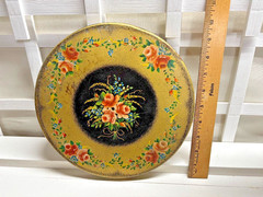 Vintage Toleware Candy Tin ~ Round Lid Covered Box ~ 10 inches in diameter