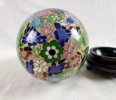 Vintage Large Floral Cloisonne Brass Enamel Egg w/ Wooden Stand 8.5″