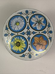 Vintage Arthur Holland Art Deco 1930s Floral Colorful Tin Round Storage. 4.25”