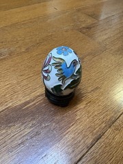 Vtg Cloisonne Enamel Egg On Wooden Stand Blue Bird & Floral