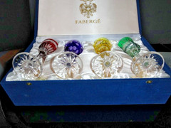 Faberge Na Zdorovye Crystal Colored Cordial Glasses 5 3/4″ H x 2″ at rim NIB