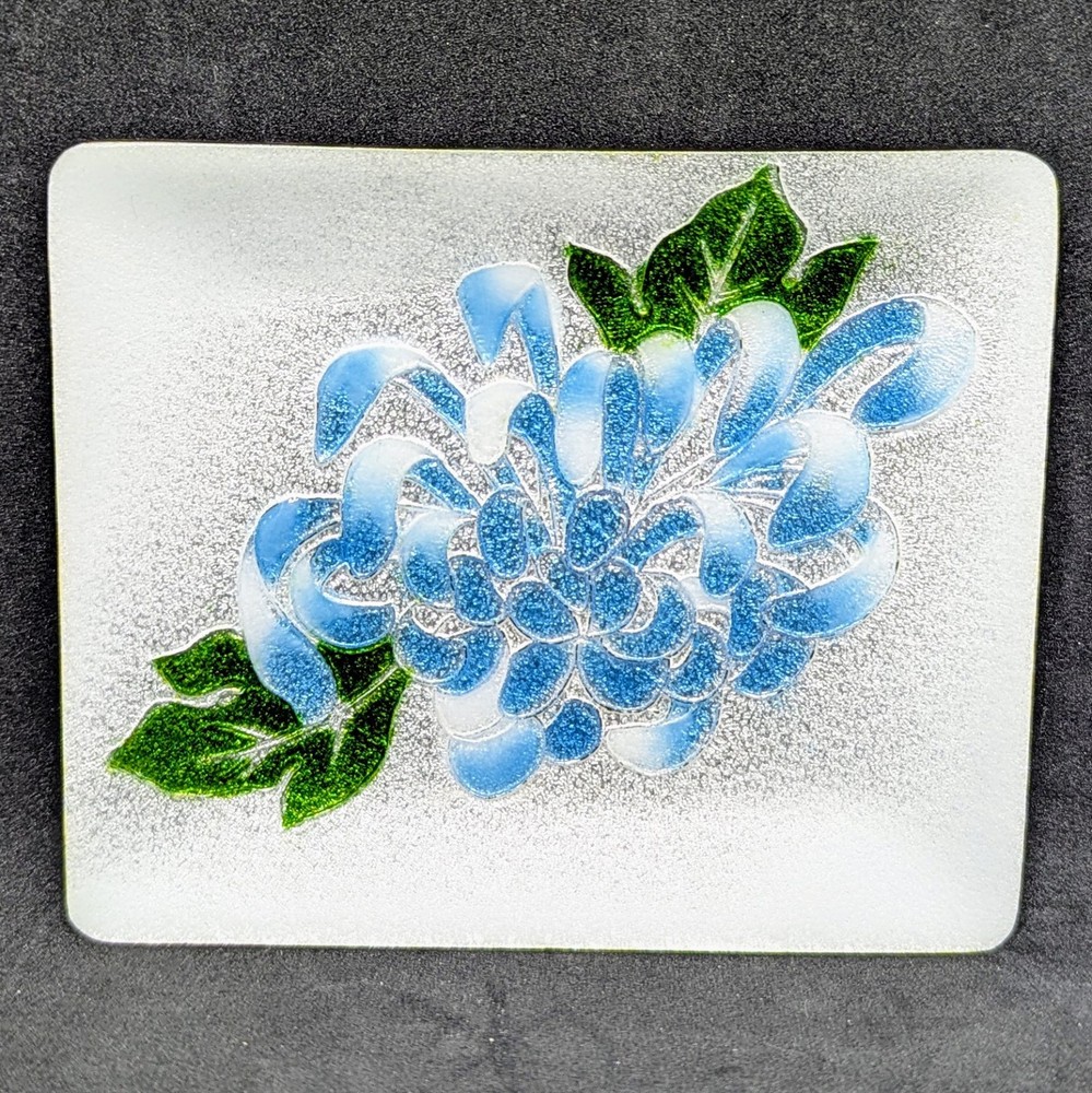 Vintage Mid-Century Modern Enamel On Copper Dish Trinket Peony Flower Floral Blu