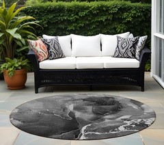 8′ Round Black Gray and White Round Abstract Washable Non Skid Rug