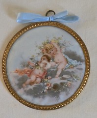 4 Antique FM Limoges France Cherubs Angels On Porcelain Medallion Transferware