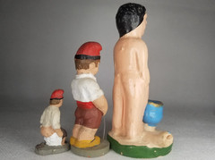 Rare Lot of 3 Polychrome Pottery Caganers using the bathroom some Signed dated