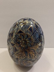 VTG Hand Painted Cloisonne Egg Blue Gold White Floral Geometric Design