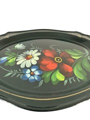 Vintage Hand Painted Floral Oval Trinket Dish Black Gold Folk Art Decor