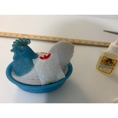 Vtg. Westmoreland Blue and White Milk Glass Hen on Nest covered dish – REPAIRED