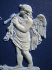 WEDGWOOD LIKE RARE DARK BLUE DIP PLAQUE OF CUPIDS & BOY TAMBORINE, GIRL TRIANGLE