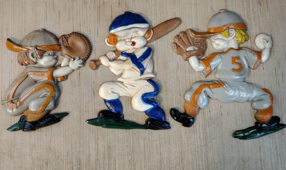 1970 SEXTON 3 BASEBALL PLAYERS CAST METAL WALL HANGINGS Catcher Batter Pitcher
