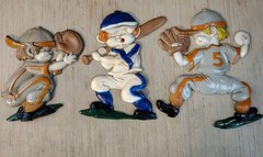 1970 SEXTON 3 BASEBALL PLAYERS CAST METAL WALL HANGINGS Catcher Batter Pitcher