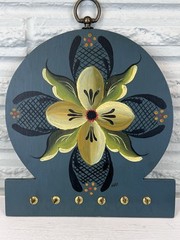 Vtg Blue Floral Tole Painting Key Necklace Holder Hanging Wall Rack Signed Boho