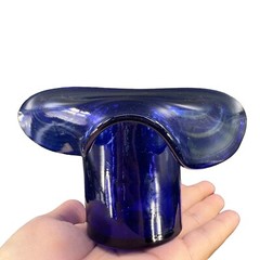 1980s Art Glass Hat Shaped Dish Bowl Clear Cobalt Blue Swirls Folded Edges VTG