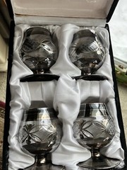 Hand Blown Egyptian Art Glass Brandy Snifters Platinum Etched Set of 4