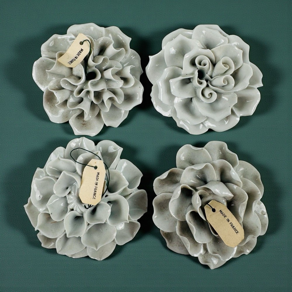 Chive France Collection Limoges Gray White Ceramic Flowers Set of 4 Vintage #4