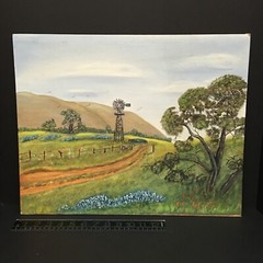 Original Bluebonnets Windmill Hills Trees Country Roads Unframed Painting Signed