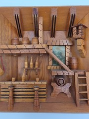 Vintage Hand Carved 3D Wood Tavern Saloon Scene Diorama Folk Art Wall Decor 7.5″