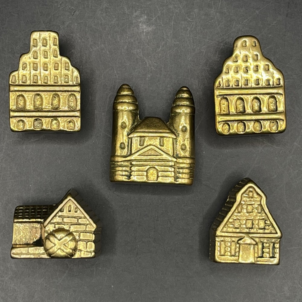 Vintage Lot Of 5: Miniature Brass Old Mill Village Collectible Buildings Houses