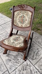 Vintage Mid Century Folding Rocking Chair Wood Tapestry Floral Upholstery