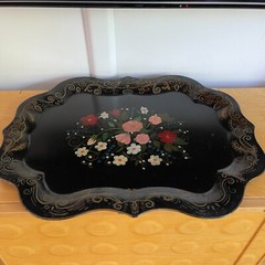 VTG Black Tole Toleware Painted Tray Scalloped Floral Cottage Goth Boho 20″x25″