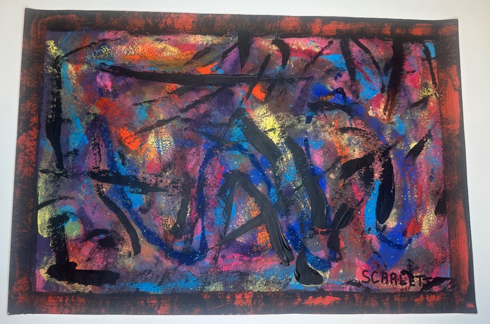 Original Abstract Painting Signed Scarlett Rolph Nonobjective Vintage Modern 18″