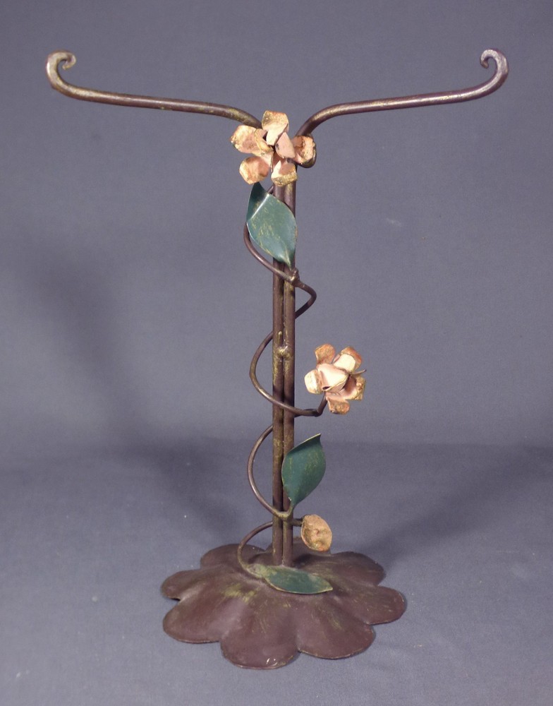 Vintage ITALIAN TOLE Metal Jewelry Holder Stand Roses