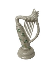 Vintage Belleek 6” Celtic Harp Made in Ireland w/ Shamrocks Collectible Figurine