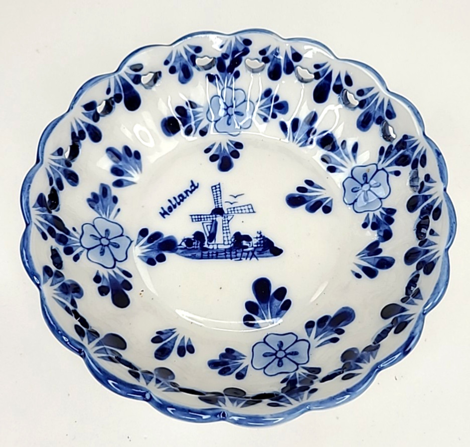 Delft Blue Bowl Trinket Dish Hand Painted Ceramic Windmill Holland Pierce work