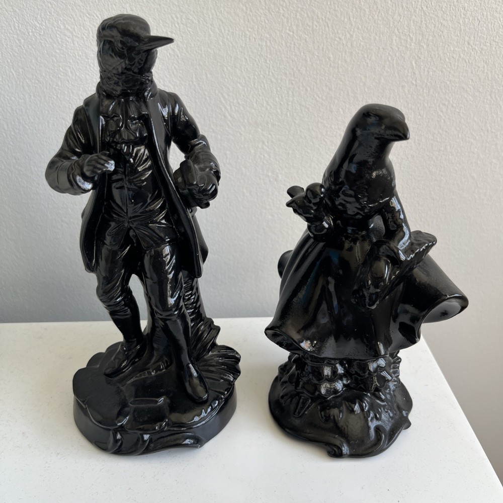 Man & Lady Bird China Figurines. Traditional Style with Modern Twist Black.