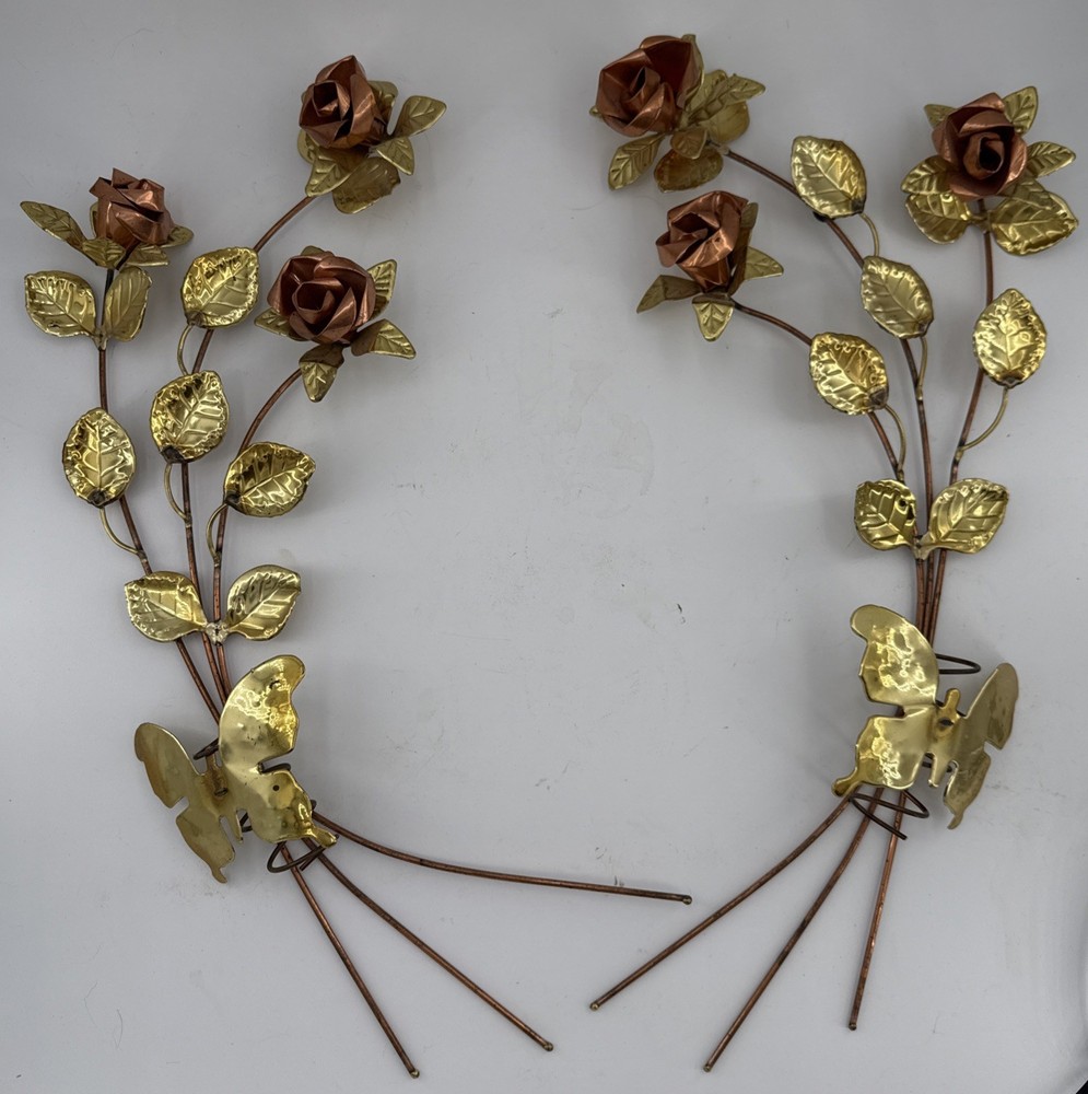 Vtg 2 Hollywood Regency Copper Rose Wall Sculpture Butterflies Wall Plaque Large