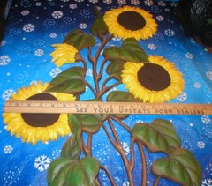 BURWOOD SUNFLOWERS PLAQUE REPAINTED FLOWER HEADS VINTAGE 29″ X 17″ SOLD AS IS
